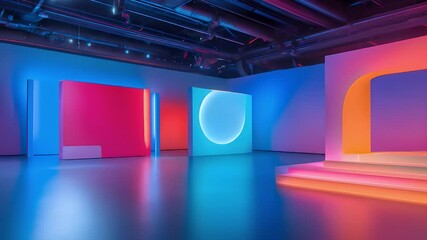 Poster - Modern Interior with Neon Lighting Stage, Abstract Geometric Design with Blue Pink and Orange Illumination, Contemporary Empty Minimalist Construction