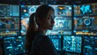 © Pinklife - A determined analyst is captured in a sophisticated control room, surrounded by multiple screens displaying real-time data, embodying the intensity and thrill of data analysis.