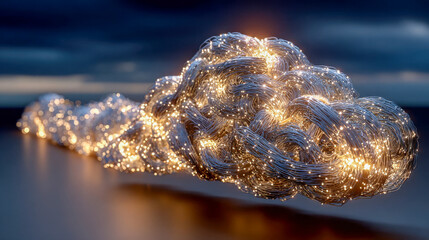 Fototapete - Abstract glowing cloud suspended by chains, illuminated with golden sparks in a dark room