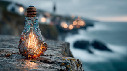 Poster - A warm-lit vintage light bulb containing delicate white flowers rests on a stone surface, set against a soft, dreamy background