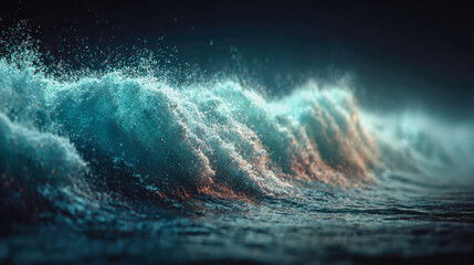 Poster - Abstract macro image of textured waves illuminated by soft orange and blue light, resembling powdered peaks or sound waves