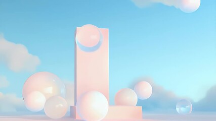 Poster - Abstract Geometric Display Podium in Pastel Pink and White with Spheres against a Blue Sky Background for Product Presentation and Minimalist Aesthetics