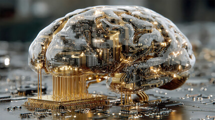 Poster - Cybernetic human brain integrated with complex circuits and glowing wires on a motherboard