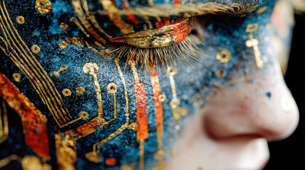 Poster - Extreme close-up of a human face with gold and red circuit-like patterns integrated into the skin