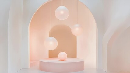 Poster - Minimalist Interior with Pink Spheres and White Arches Abstract Geometric Design and Soft Pastel Colors Modern and Elegant Architecture Studio Background