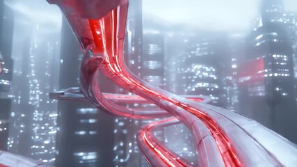 Poster - Futuristic Silver and Red Abstract Structure Against a Foggy Cityscape with Modern Architecture and Metallic Surface and Geometric Patterns