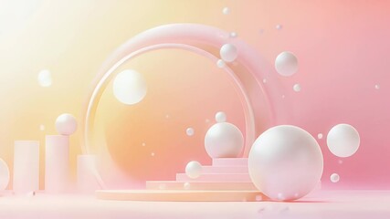 Poster - Elegant Pink Product Display Stage with Spheres and Circle Geometric Shapes Against Gradient Background for Modern Minimalist Presentation