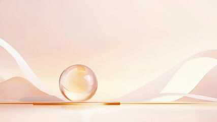 Poster - Elegant Light Peach Abstract Background with Transparent Glass Sphere and White Ribbon Curves on Minimal Gold Surface for Product Display