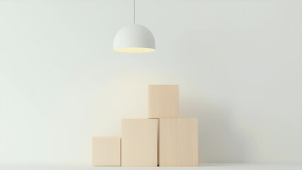Poster - Minimalist Interior with White Walls Wooden Cubes and a Dome Pendant Light Creating a Modern Geometric Display Stand for Product Presentation