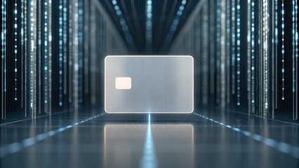 Poster - A futuristic credit card glowing in a digital data tunnel symbolizing secure online transactions and advanced financial technology.