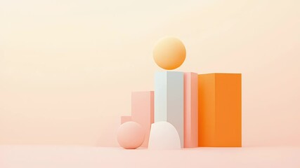 Poster - Geometric Shapes Composed of Pastel Pink White Orange Sphere Cylinder Cube 3d Rendering Against a Light Peach Gradient Background