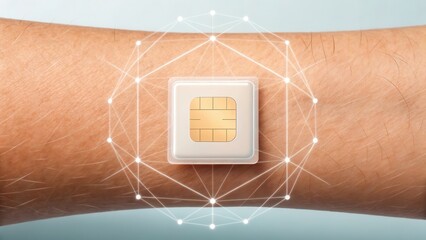 Poster - A microchip is implanted on a person's forearm, symbolizing advanced wearable technology with digital network connections.