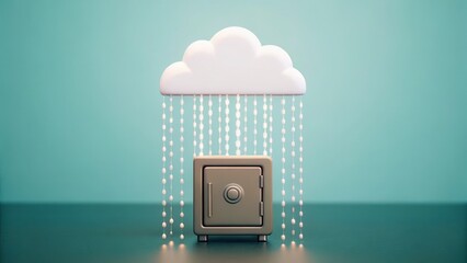 Poster - A secure safe protected by a cloud icon with rain-like digital streams, symbolizing cloud security and data protection.