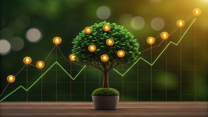 Aufkleber - A small potted tree with golden coins growing on its branches symbolizes financial growth and investment, with an upward graph in the background.