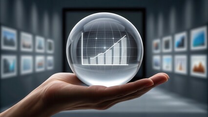 Aufkleber - A hand holds a transparent crystal ball displaying a 3D bar graph with an upward trend in a blurred modern gallery setting.