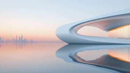 Poster - Minimalist Architecture with White Curved Structure Reflecting on Water and Distant Cityscape under Soft Pink Sky in a Modern Design Aesthetic