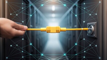 Aufkleber - A hand connects a yellow Ethernet cable into a port amid a digital network grid, symbolizing data connectivity and internet infrastructure.