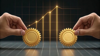 Poster - Two hands hold golden gears symbolizing teamwork and collaboration, with a rising graph in the background representing growth and success.