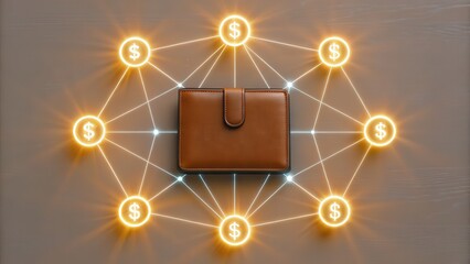 Poster - A brown leather wallet is connected by glowing dollar symbols, illustrating financial networks or digital money flow.