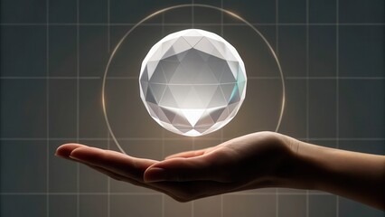 Leinwandbilder - A hand holds a floating, glowing, geometric crystal sphere with a futuristic background grid and circular light elements.