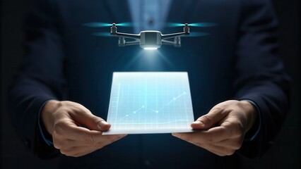 Poster - A person holds a transparent digital tablet projecting a drone with a light beam, symbolizing futuristic technology and data visualization.