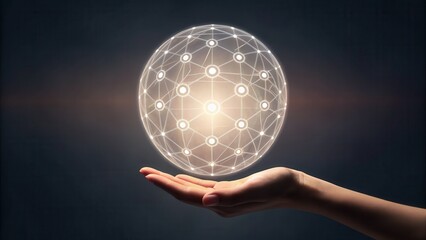 Leinwandbilder - A glowing interconnected digital globe floats above an outstretched hand against a dark background, symbolizing global connectivity and technology.