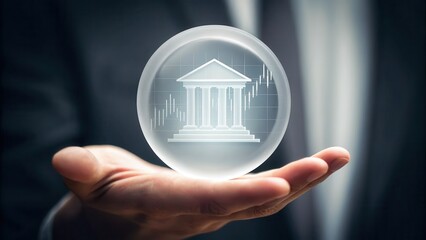 Poster - A hand holds a glowing transparent sphere containing a classical bank building icon with financial graphs, symbolizing banking, finance, and economic stability.