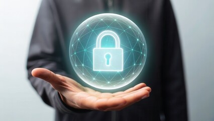Aufkleber - A person holds a holographic sphere with a glowing padlock symbol, representing digital security and data protection.