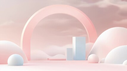 Poster - Soft Pink and White Geometric Shapes in Minimalist Design for Product Display and Background with Pastel Colors and 3D Rendering on Cloudy Background