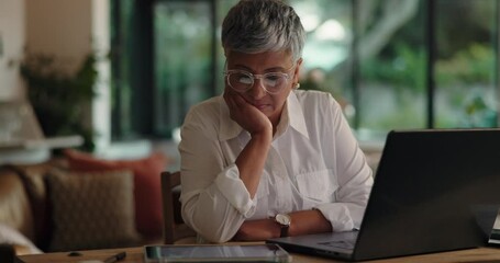 Aufkleber - Laptop, remote work and tablet with unhappy woman in home for reading information or research at night. Burnout, computer and evening with mature freelancer in apartment for small business compliance
