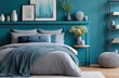 © thiquynh - a teal wall in an elegant bedroom with gray and blue accents, featuring metal frame shelves for decorative items
