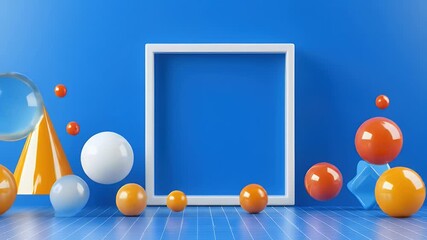 Aufkleber - Abstract Geometric Still Life Composition with Orange Spheres and Blue Cubes Against a Blue Backdrop with a White Square Frame