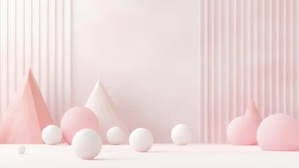 Poster - Minimalist Pastel Pink and White Geometric Shapes Background with Spheres and Cones Abstract Decoration in Soft Light