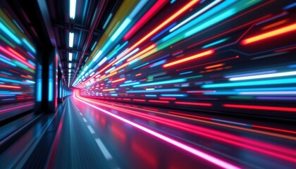 Fototapete - Dynamic Light Trails in a Neon Tunnel Urban Cityscape Abstract Digital Art Futuristic Viewpoint