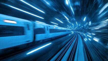 Poster - blurred motion of a blue train in a dark tunnel with streaks of light showing high speed and modern 