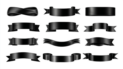 Poster - A collection of twelve black banners and ribbons in various shapes and styles on a white background