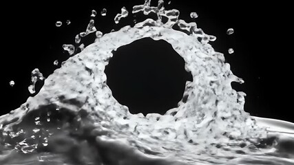 Poster - Water Splash Forming a Circular Shape with High Speed Motion and Liquid Texture on Black Background, Illustrative Abstract 3D Rendering