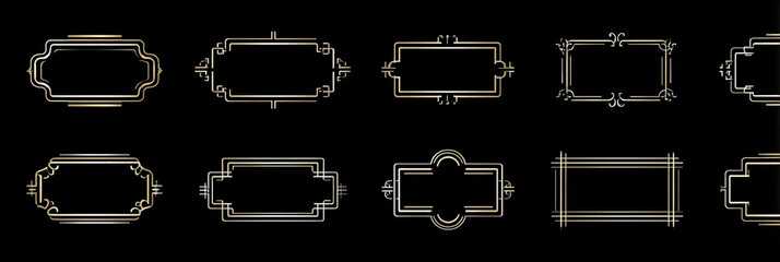 Poster - Collection of decorative golden frames with art deco style on a black background in horizontal layout
