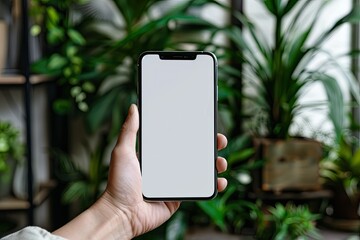 Poster - High Detail Visual of Mockup Image of Hand Holding Mobile Phone with Blank White Screen