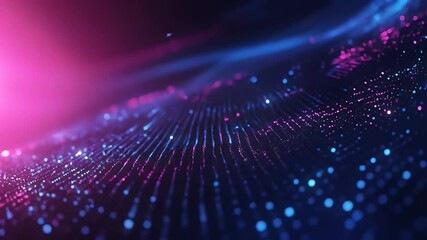 Poster - Abstract Glowing Dots Flow in Pink and Blue Light on a Dark Background Digital Art Rendering with Waves and Bokeh Effects for Modern Design