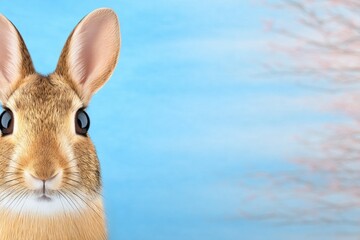 close up of a brown bunny against a blue background