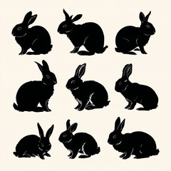 Poster - A collection of nine black rabbit silhouettes arranged in a grid pattern on a light cream background