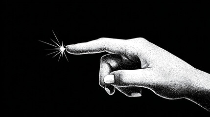 Poster - A hand pointing towards a bright star in a black and white stippled illustration style artwork graphic