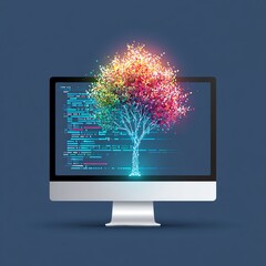 Fototapete - minimal flat vector of a computer screen showing a tree growing from code, idea of coding and creativity, soft glow effect