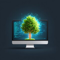 Fototapete - minimal flat vector of a computer screen showing a tree growing from code, idea of coding and creativity, soft glow effect