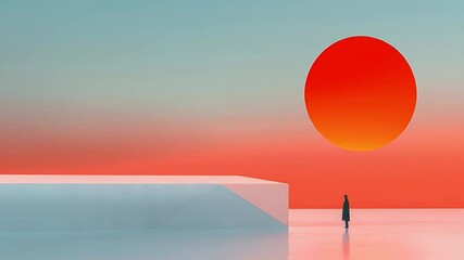 Poster - Minimalist Surreal Landscape Featuring a Solitary Figure Overlooking a Red Sphere with a Geometric White Structure Under an Orange and Blue Gradient Sky