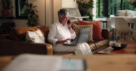 Poster - Laughing, laptop and phone call with freelance woman on sofa in living room of home for remote work. Communication, computer and funny with mature person in apartment for mobile discussion at night