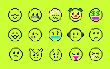 Fototapete - Pixels Y2k funny playful emoticon stickers. Love, kiss, melting smile. 8-bit retro style vector illustration for social media. Set of emoticons pixel art. Emoji pixelated icons. Various faces