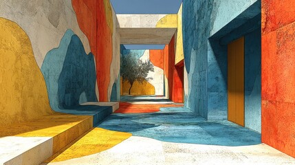 Aufkleber - Abstract Colorful Architecture With Tree in Distance, Representing Modern Design and Urban Renewal : Generative AI