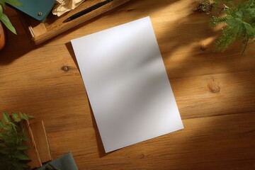 Poster - Blank White Paper on Wooden Desk with Plants, Representing Creativity and Business Communication, Ideal for Mockups and Marketing Materials : Generative AI